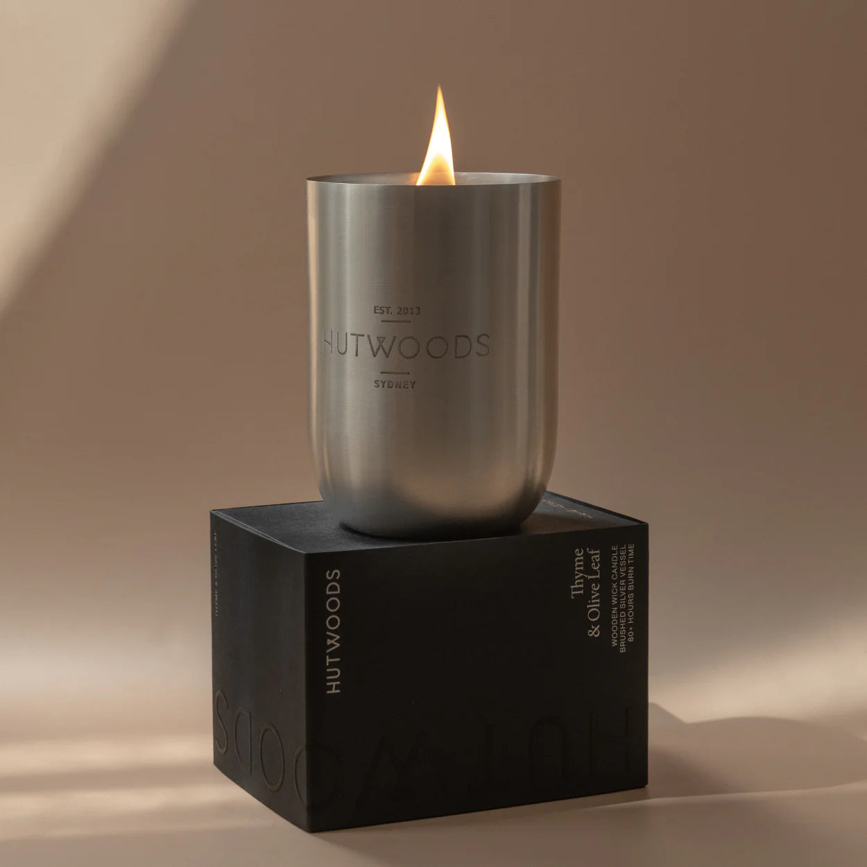 Thyme & Olive Leaf Candle in Brushed Silver Vessel | 80+ Hour Burn Time | Luxury Home Fragrance