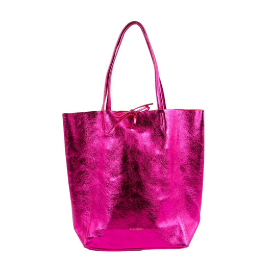 Metallic Leather Tote - Large - Fuchsia